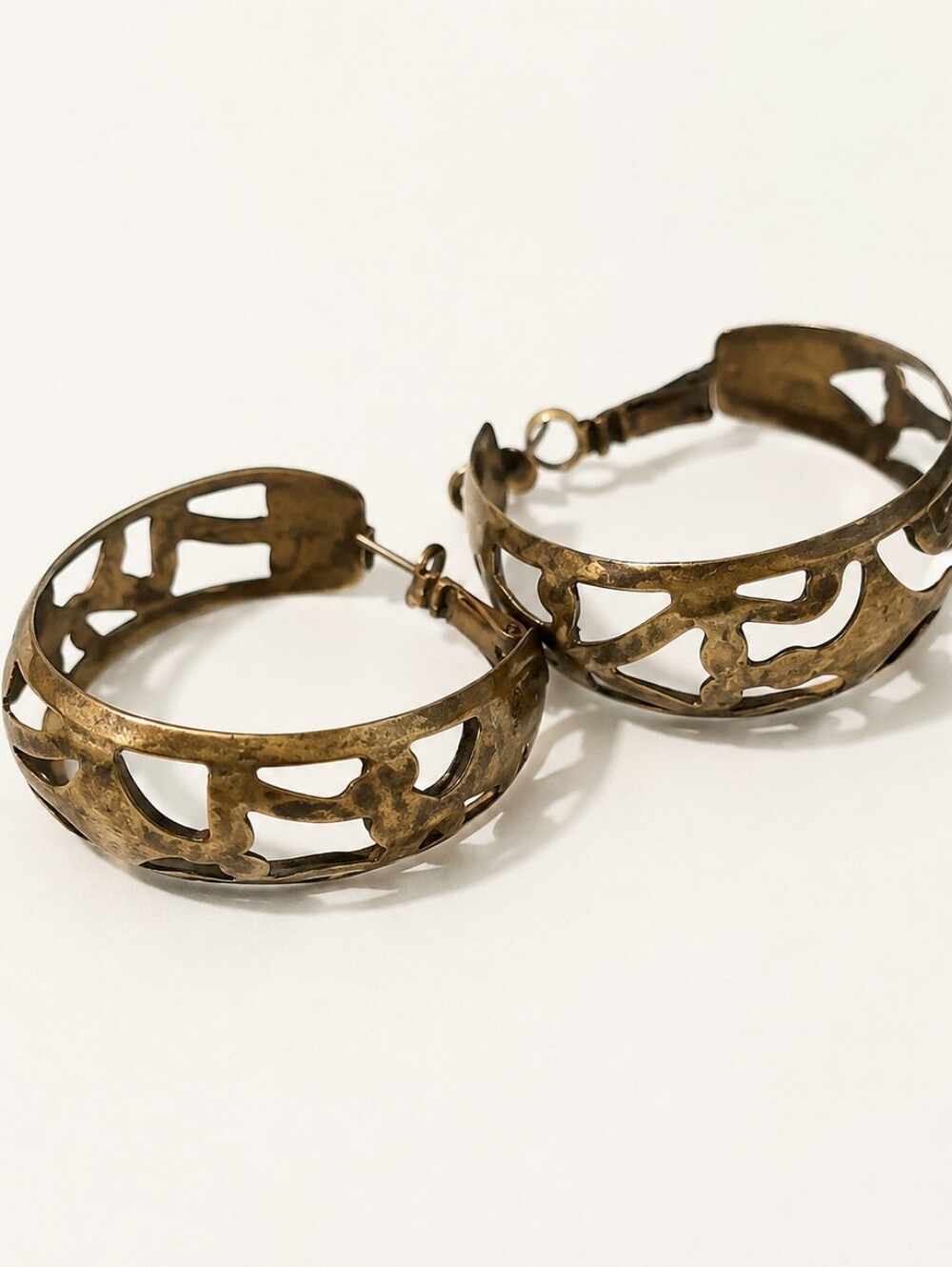Rare Vintage Festival Cutout Distressed Hoop Earrings Antique Finish Gold Tone